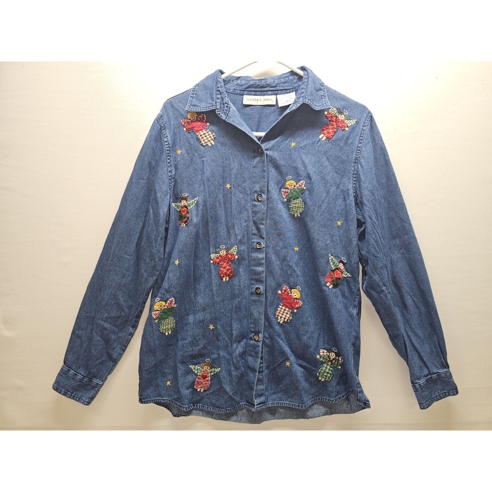 Vintage Victoria Jones Denim Shirt Womens Medium M Embroidered Angels Christmas